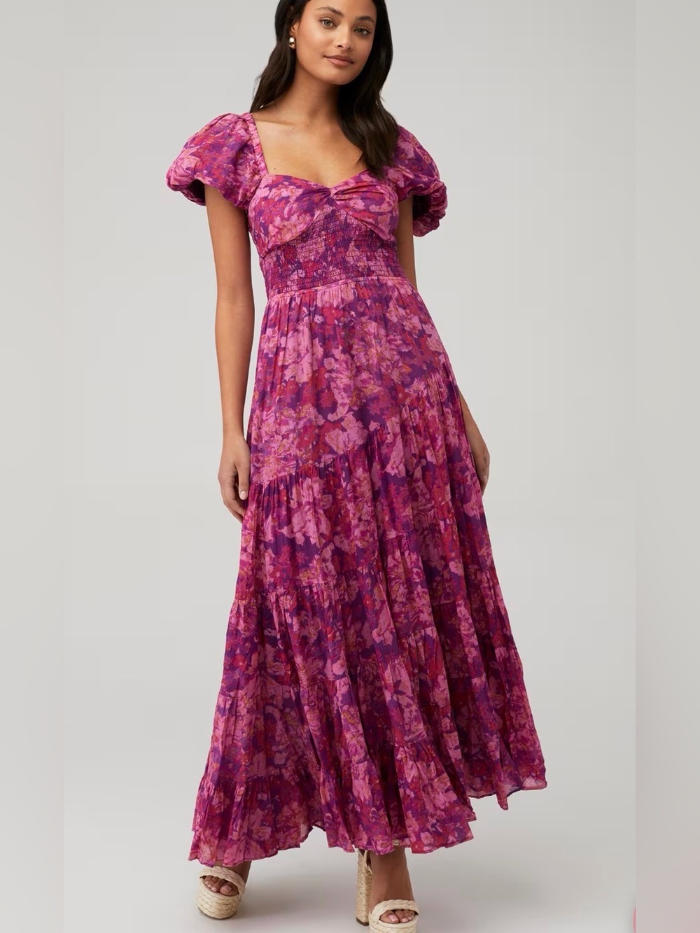 Floral Puff-Sleeve Maxi Dress in Magenta